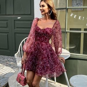 NWT Floral Burgundy Babydoll Puff Sleeve Dress